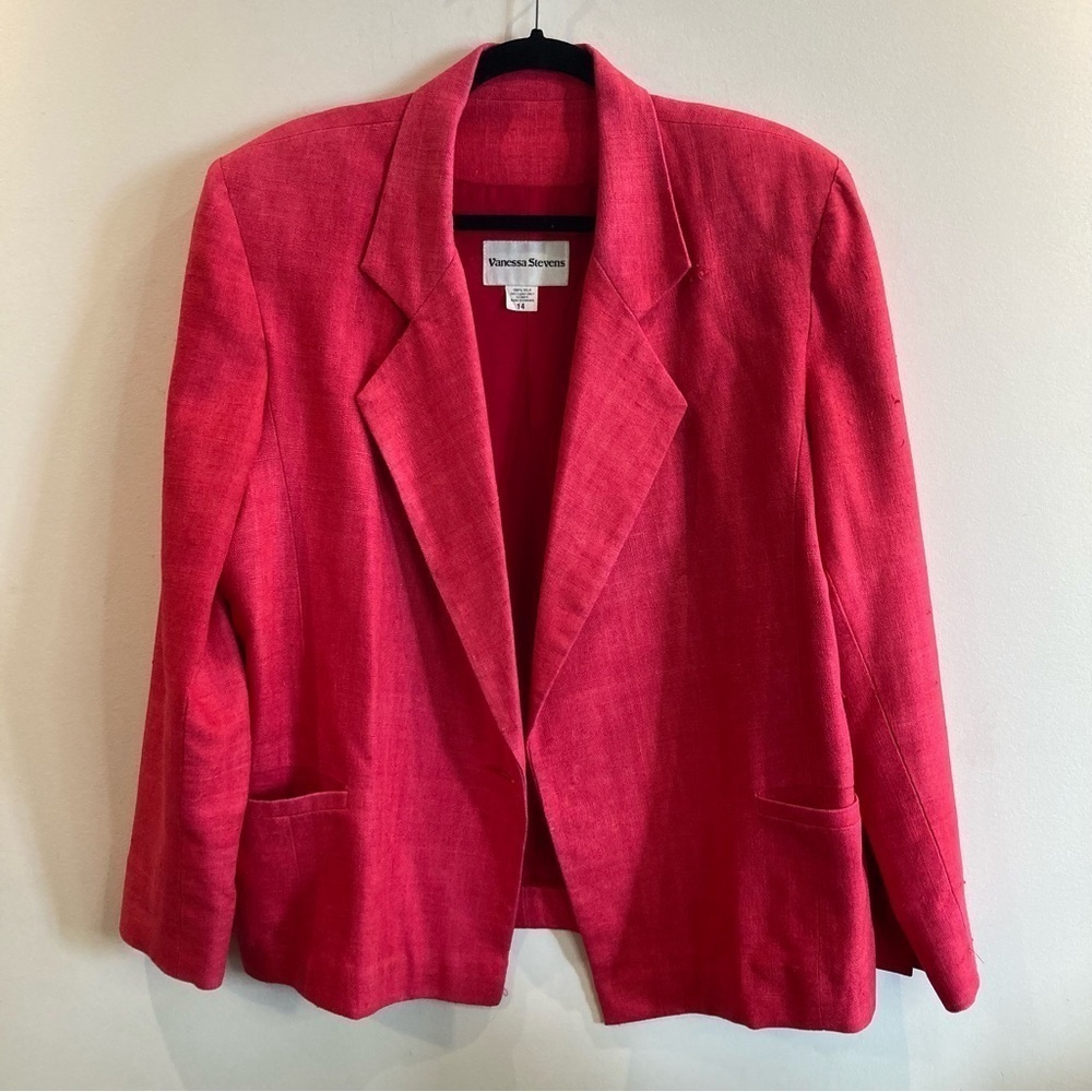 VANESSA STEVENS Sz 14 100% Silk Lined Shoulder Pads Pockets Slit Blazer Jacket